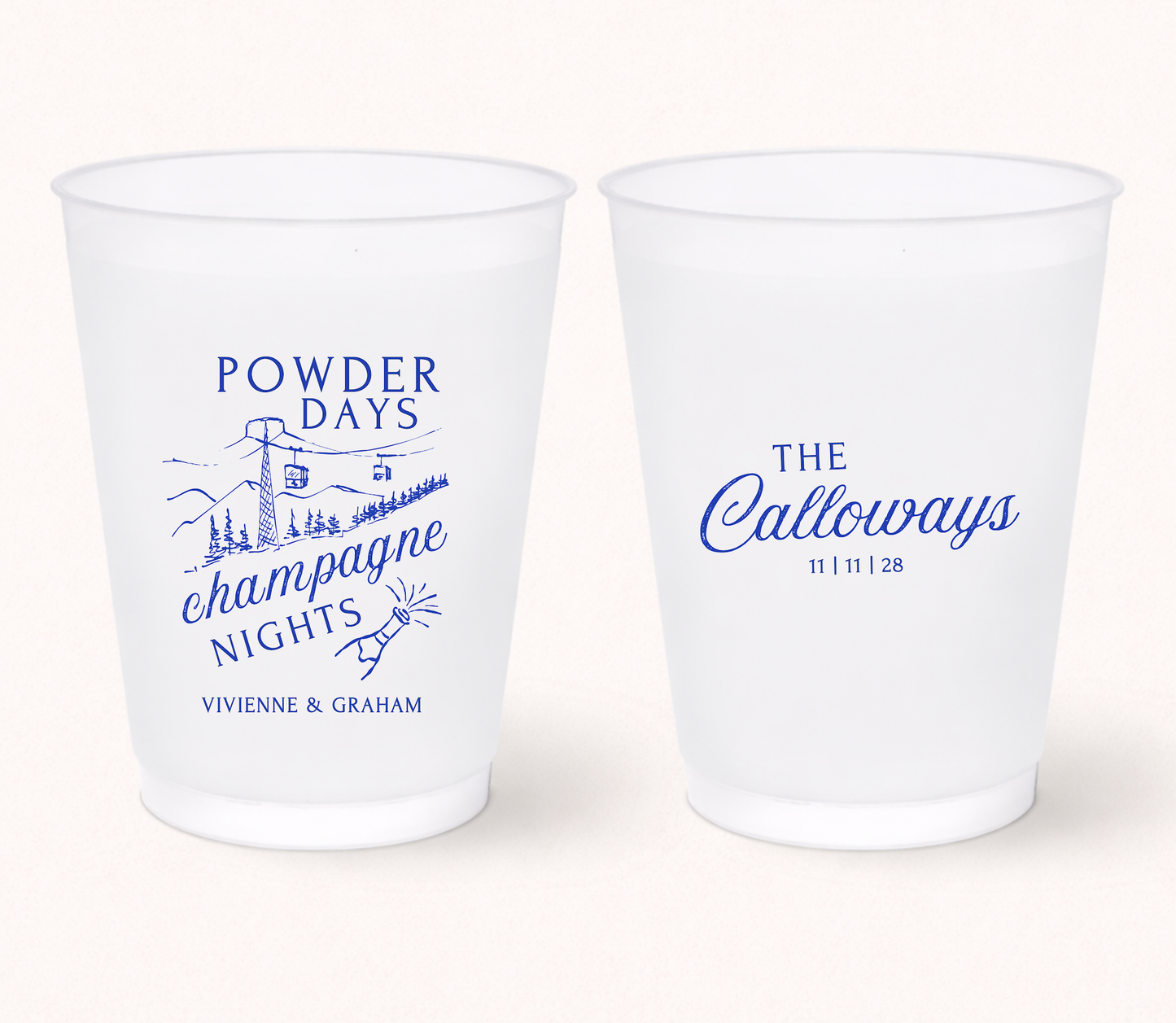 Custom ski wedding frosted cups
Powder Days Champagne Nights wedding cups
Winter wedding frosted cups
Ski resort wedding favor
Personalized mountain wedding drinkware