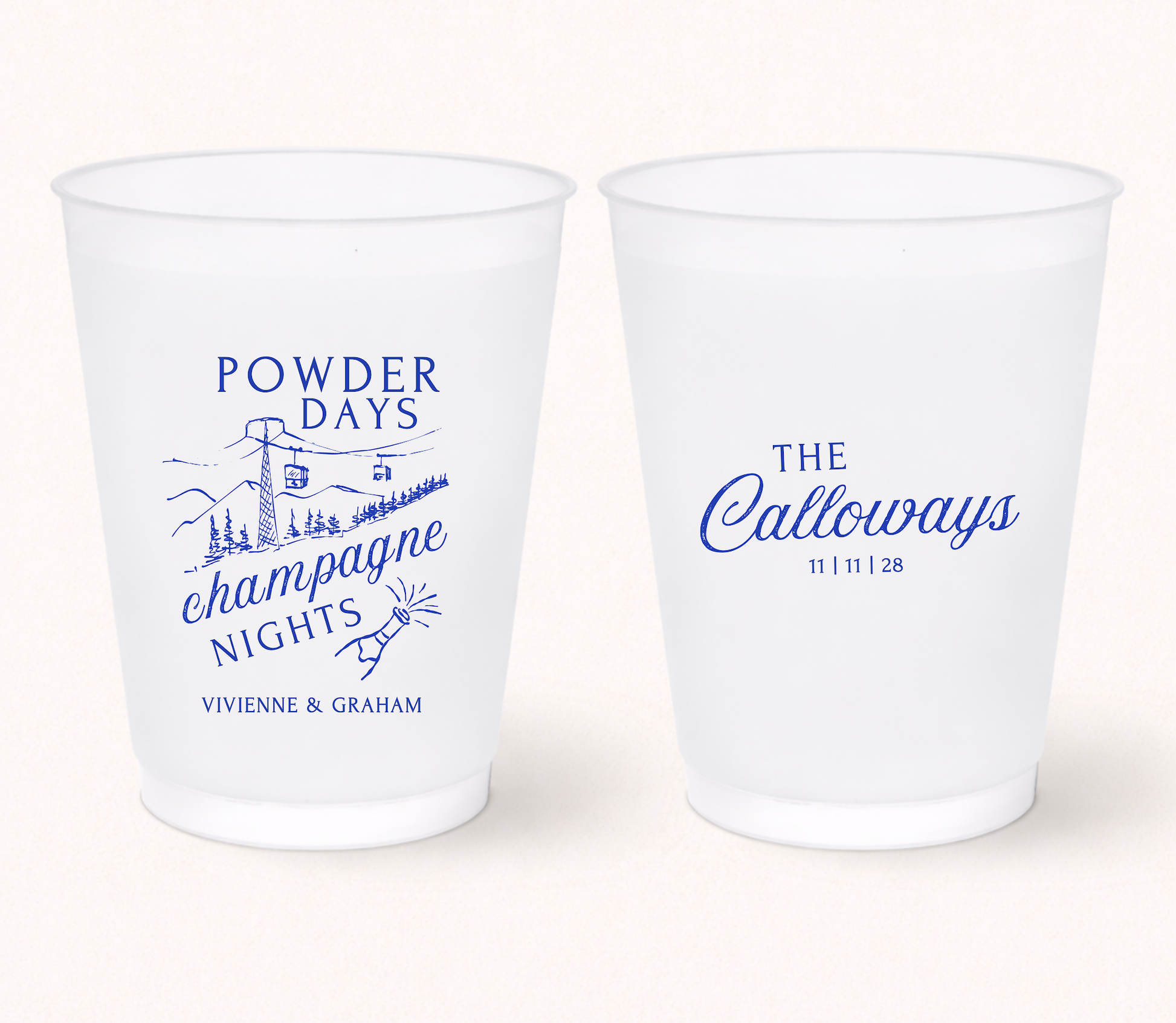 Custom ski wedding frosted cups
Powder Days Champagne Nights wedding cups
Winter wedding frosted cups
Ski resort wedding favor
Personalized mountain wedding drinkware