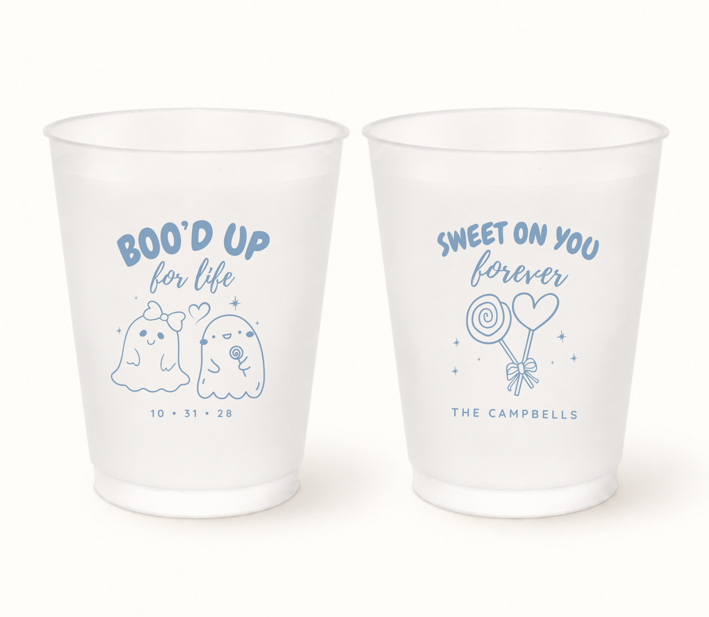 Personalized Boo’d Up for Life Halloween wedding frosted cups featuring a powder blue ghost couple, custom wedding date, Sweet on You Forever candy artwork, and family name.