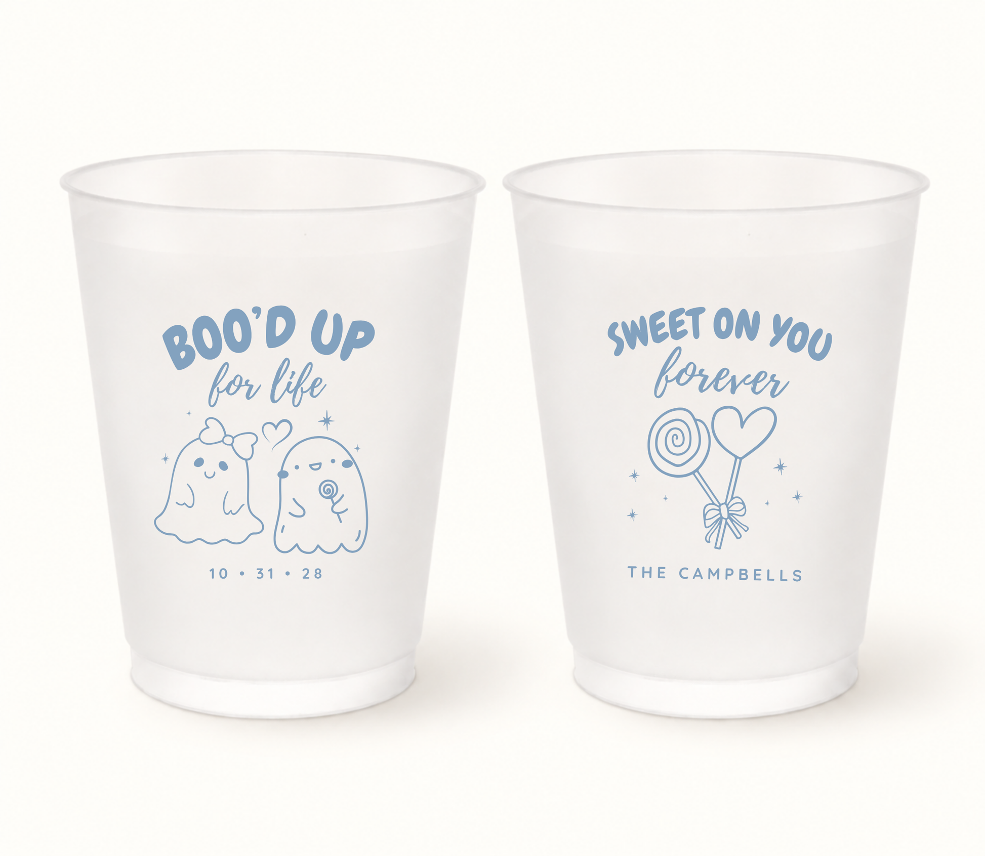 Personalized Boo’d Up for Life Halloween wedding frosted cups featuring a powder blue ghost couple, custom wedding date, Sweet on You Forever candy artwork, and family name.