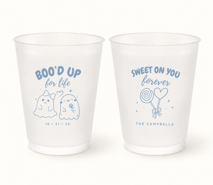 Personalized Boo’d Up for Life Halloween wedding frosted cups featuring a powder blue ghost couple, custom wedding date, Sweet on You Forever candy artwork, and family name.