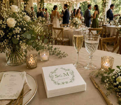 Premium paper wedding napkin featuring botanical wreath artwork and personalized monogram initials.
Custom floral monogram wedding table napkin with elegant greenery wreath and personalized details.