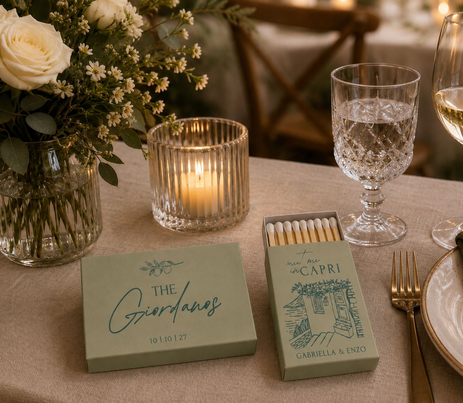 Destination wedding favor matchbox featuring Italian coastal artwork and personalized wedding details.
Premium personalized wedding matchbox with Capri-inspired illustration and elegant Mediterranean design.