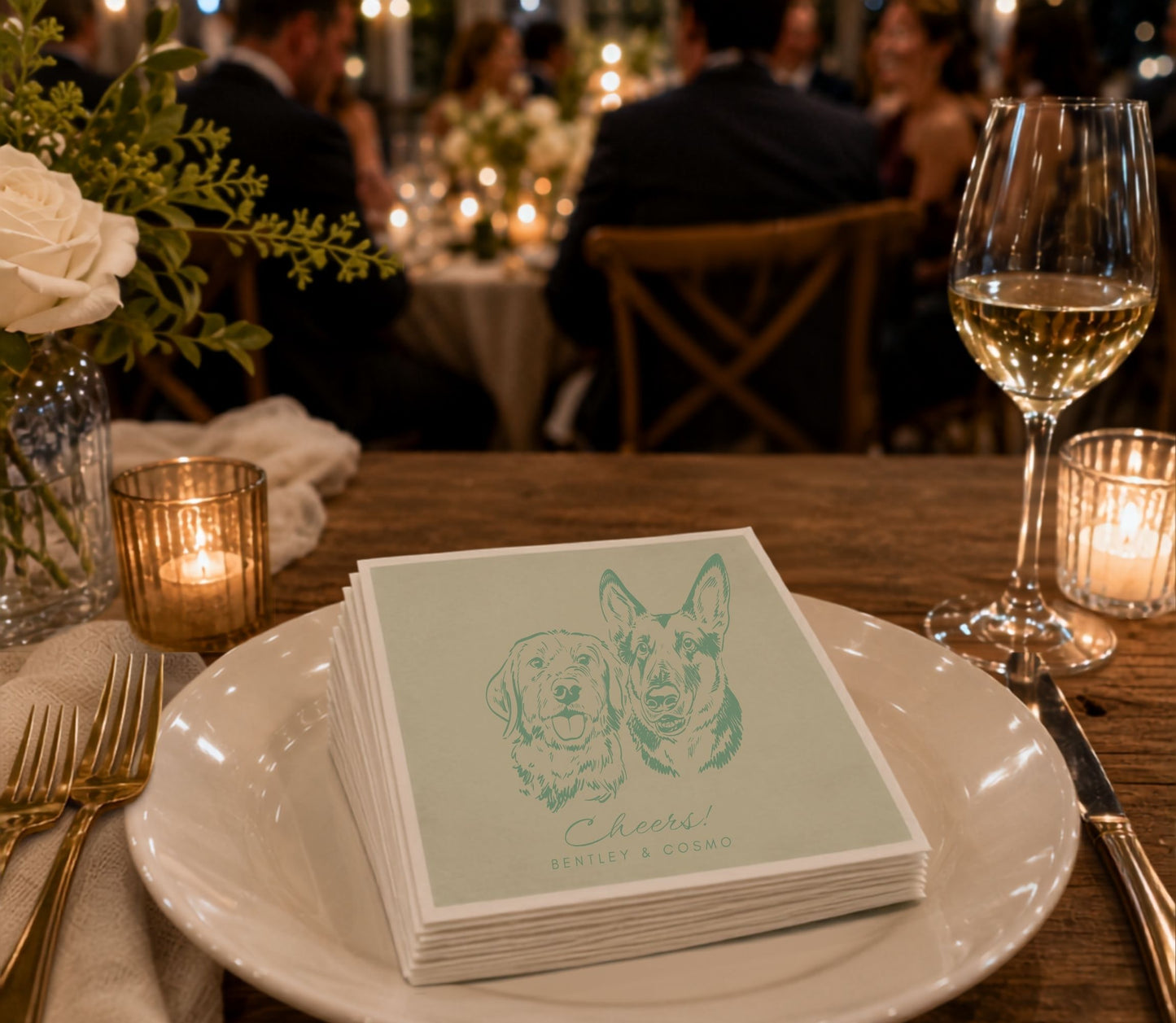 Dog lover wedding table napkin featuring two illustrated pet portraits and elegant typography.
Premium personalized table napkin with custom dog illustrations, pet names, and minimalist wedding design.