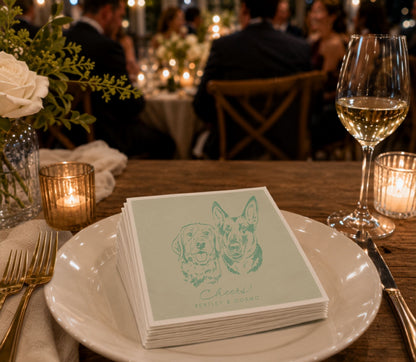 Dog lover wedding table napkin featuring two illustrated pet portraits and elegant typography.
Premium personalized table napkin with custom dog illustrations, pet names, and minimalist wedding design.