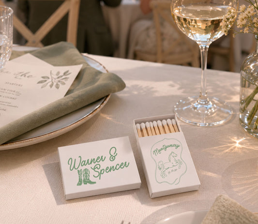 Rustic western wedding favor matchbox featuring cowboy boots and personalized wedding details.
Premium personalized western wedding matchbox with country-inspired cowboy boot artwork and safety matches.