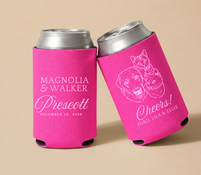 Bright pink personalized wedding can coolers featuring custom dog and cat portrait illustrations with couple names and wedding date.
