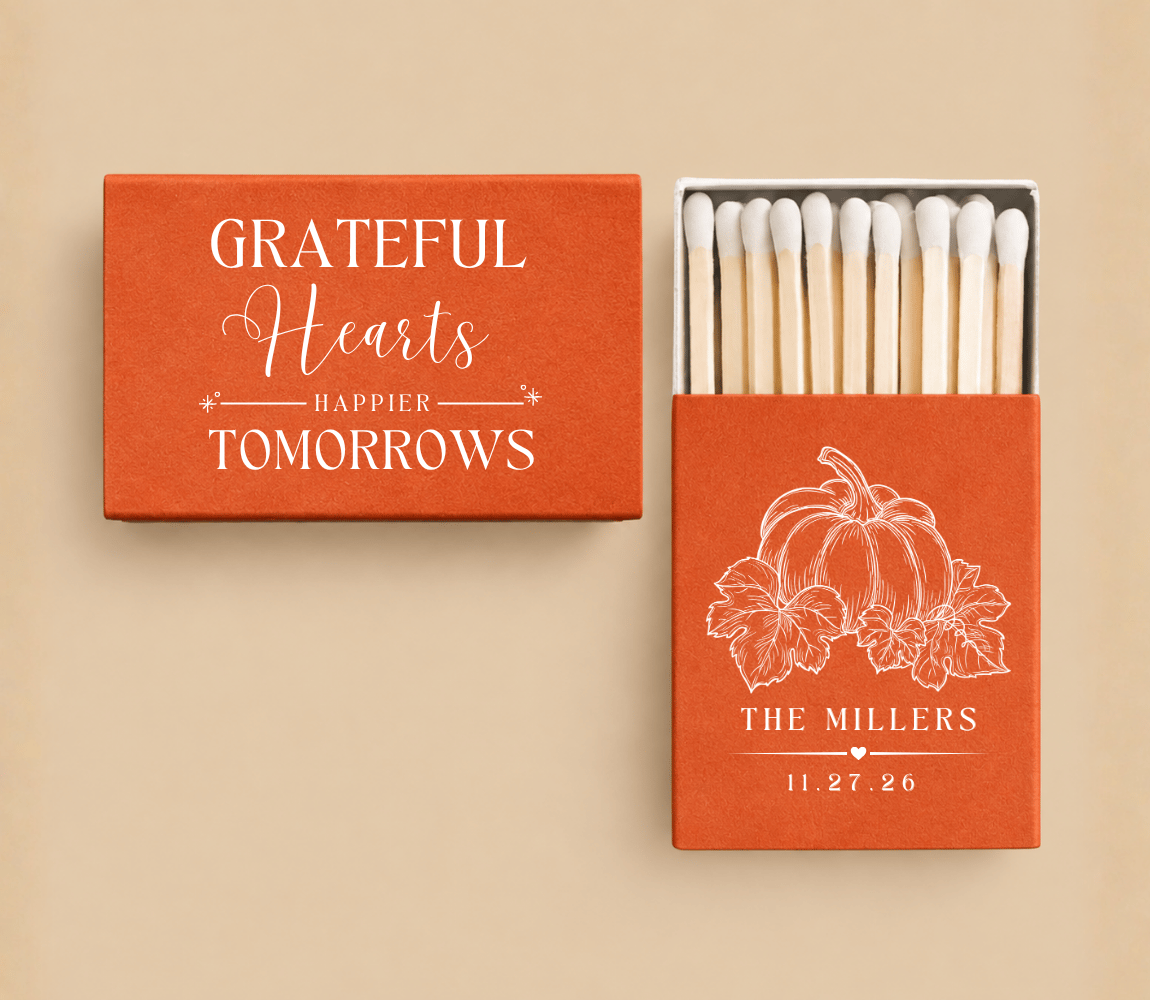 Personalized pumpkin orange Thanksgiving wedding matchboxes with Grateful Hearts design