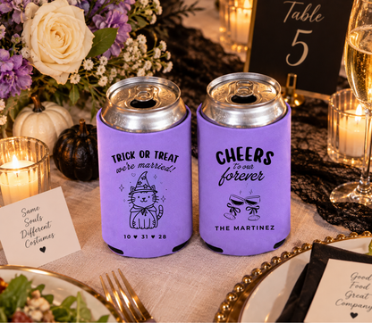Personalized witchy wedding can coolers with custom date and surname.