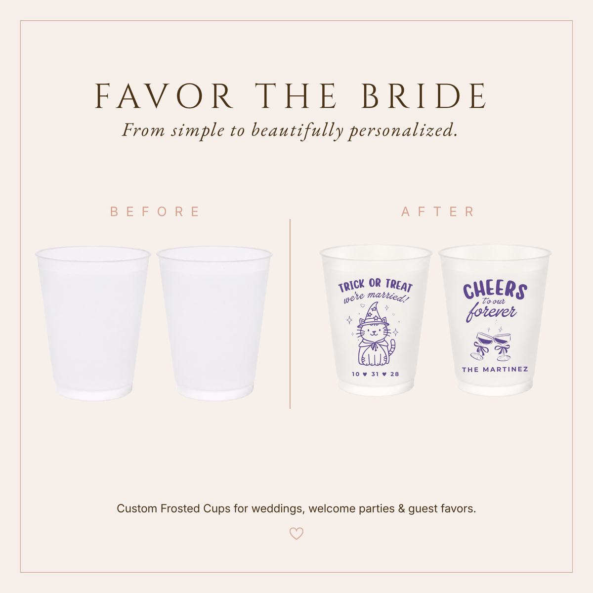 Cute witchy wedding frosted cups with cat and celebratory glass designs.
