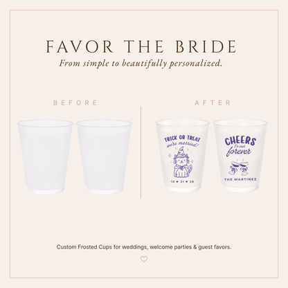 Cute witchy wedding frosted cups with cat and celebratory glass designs.