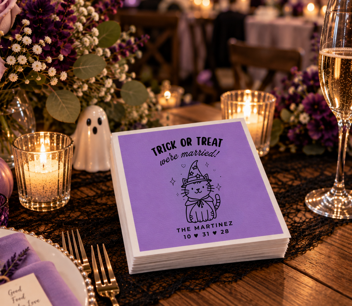 Personalized witch cat wedding cocktail napkins with family name and date.