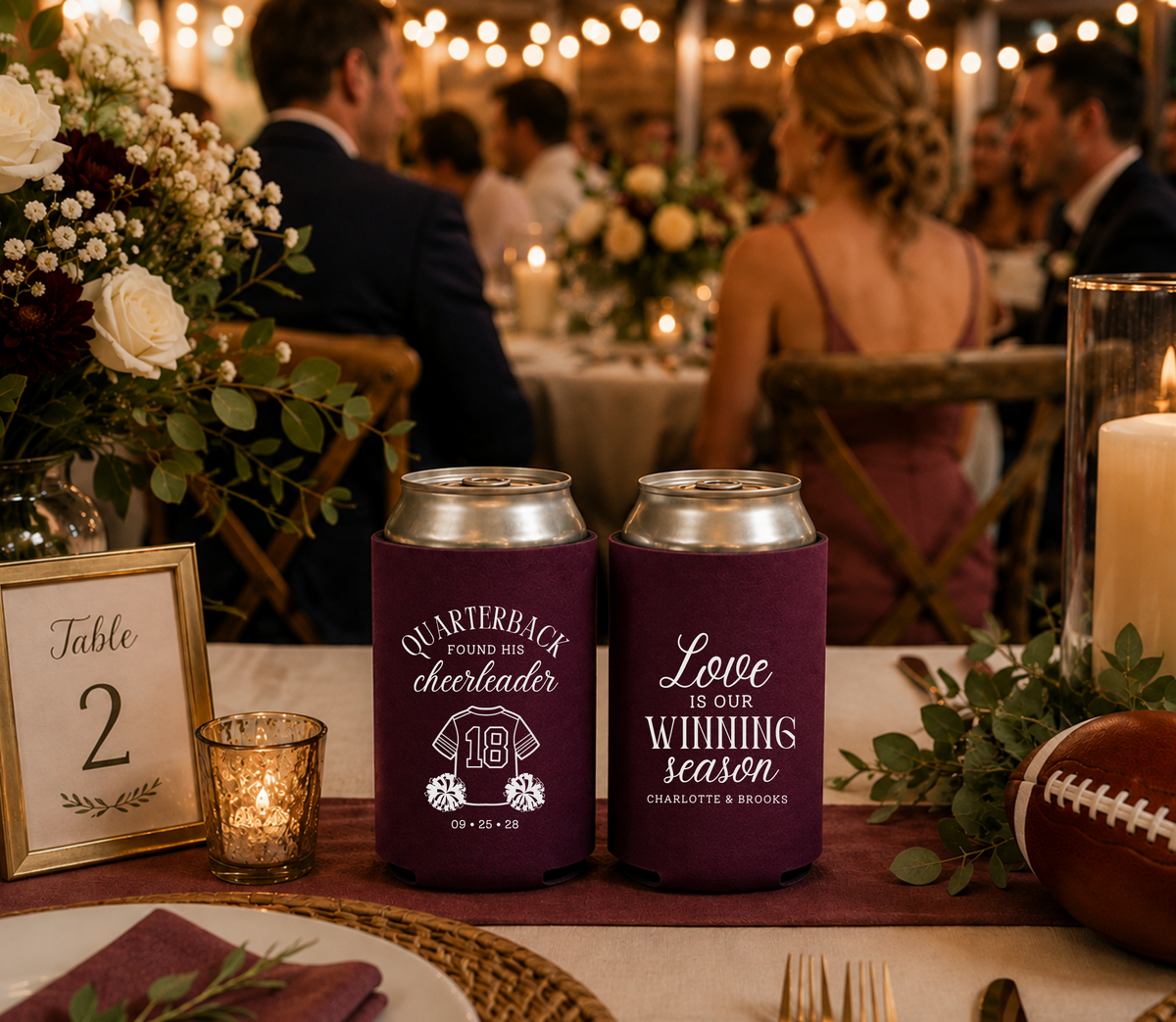 Personalized cheerleader and football wedding can coolers featuring jersey number 18, pom poms, and custom wedding details.