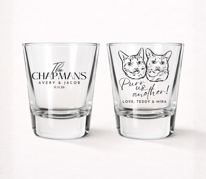 Personalized cat wedding shot glasses
Custom cat portrait wedding favor
Purr us another shot glass
Cat lover wedding drinkware
