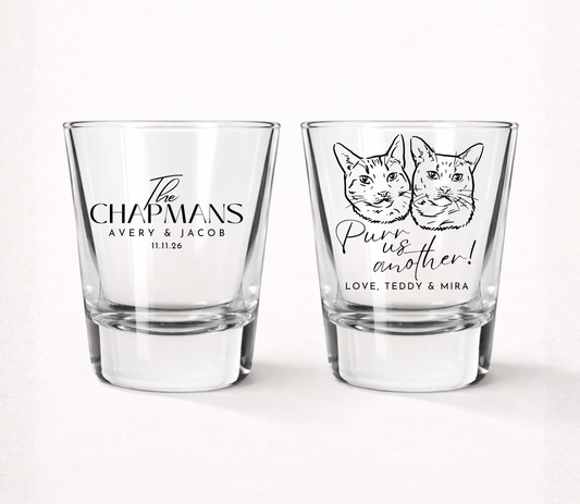 Personalized cat wedding shot glasses
Custom cat portrait wedding favor
Purr us another shot glass
Cat lover wedding drinkware