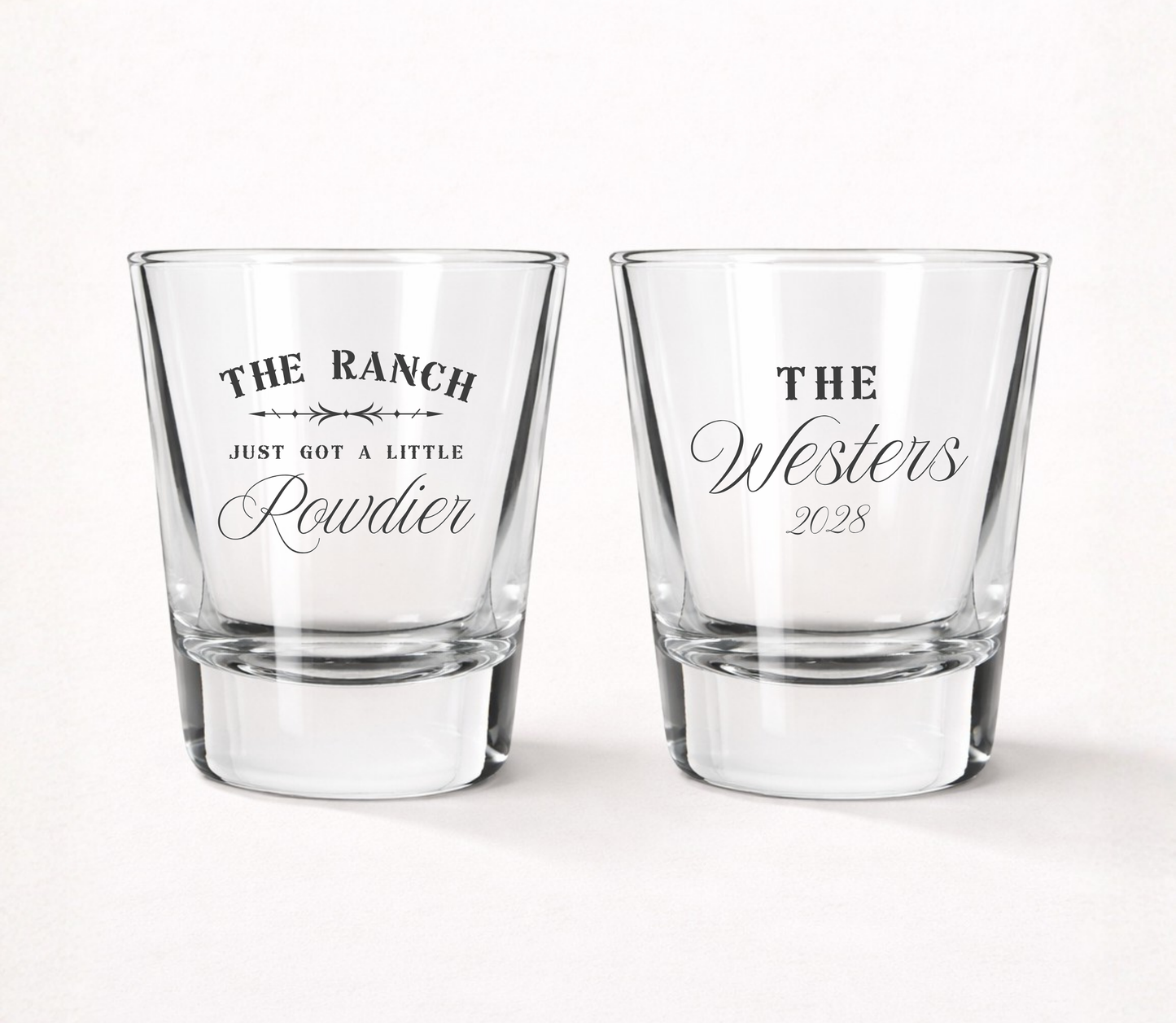 Western wedding shot glasses with ranch design
The Ranch Just Got A Little Rowdier shot glass
Country wedding shot glass favors
Rustic western wedding glassware
Personalized ranch wedding shot glasses
Cowboy wedding reception favors