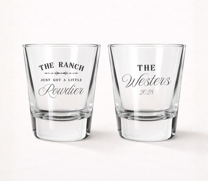 Western wedding shot glasses with ranch design
The Ranch Just Got A Little Rowdier shot glass
Country wedding shot glass favors
Rustic western wedding glassware
Personalized ranch wedding shot glasses
Cowboy wedding reception favors