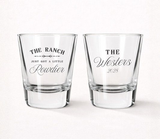 Western wedding shot glasses with ranch design
The Ranch Just Got A Little Rowdier shot glass
Country wedding shot glass favors
Rustic western wedding glassware
Personalized ranch wedding shot glasses
Cowboy wedding reception favors
