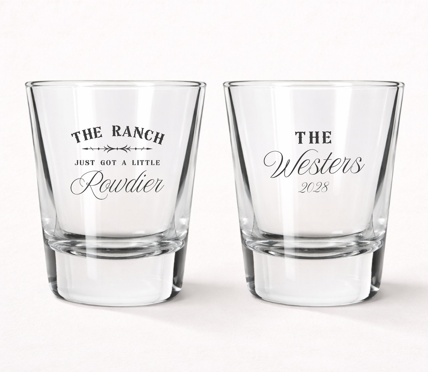 Western wedding shot glasses with ranch design
The Ranch Just Got A Little Rowdier shot glass
Country wedding shot glass favors
Rustic western wedding glassware
Personalized ranch wedding shot glasses
Cowboy wedding reception favors