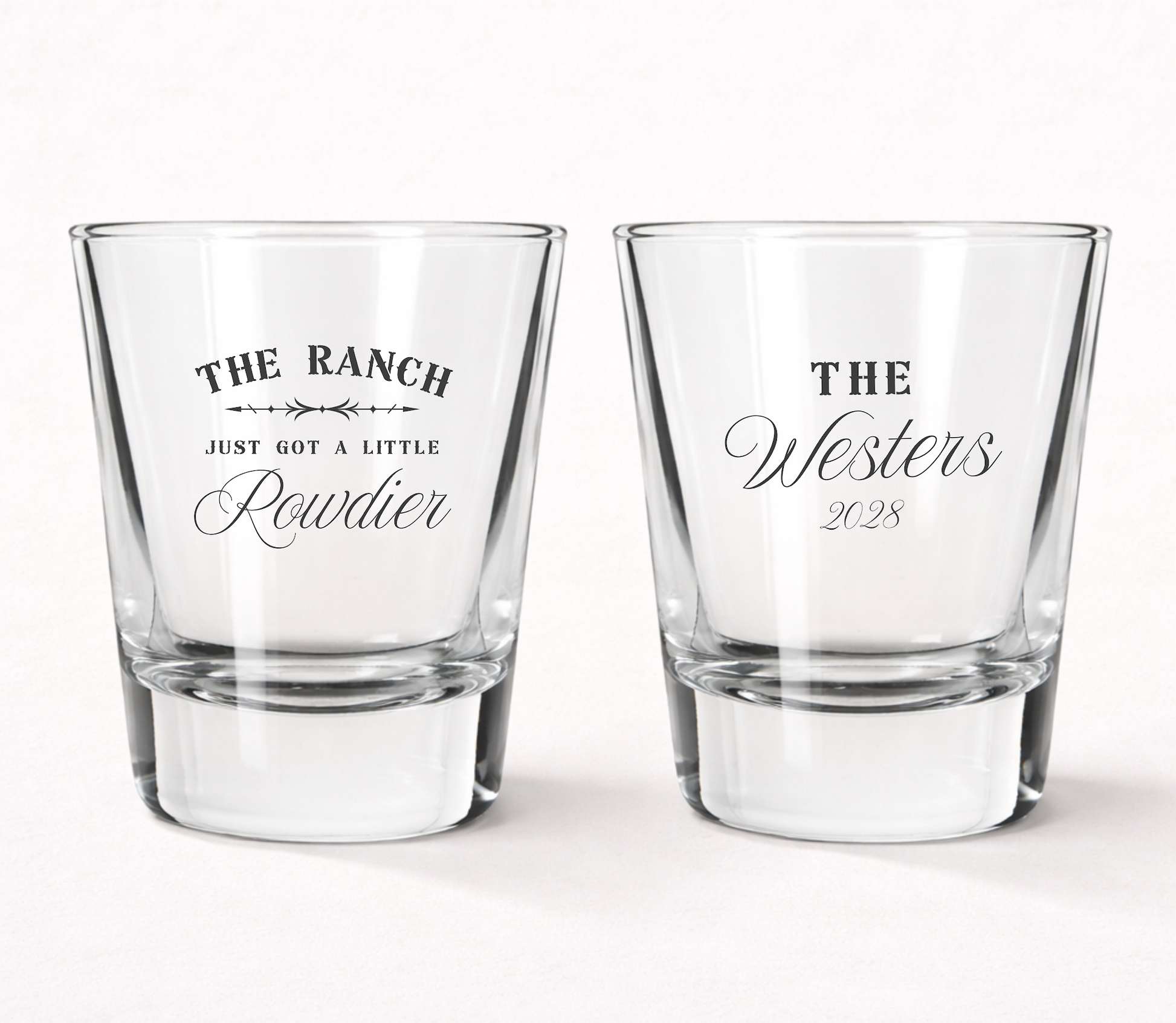 Western wedding shot glasses with ranch design
The Ranch Just Got A Little Rowdier shot glass
Country wedding shot glass favors
Rustic western wedding glassware
Personalized ranch wedding shot glasses
Cowboy wedding reception favors