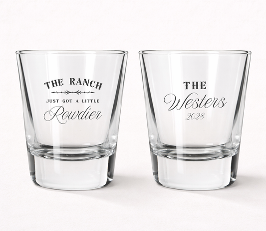 Western wedding shot glasses with ranch design
The Ranch Just Got A Little Rowdier shot glass
Country wedding shot glass favors
Rustic western wedding glassware
Personalized ranch wedding shot glasses
Cowboy wedding reception favors