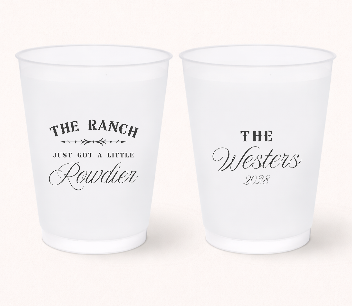 Western wedding frosted cup with ranch rowdier design
Personalized ranch wedding cup with custom family name
Rustic country wedding frosted cup favor
Custom western wedding drinkware keepsake