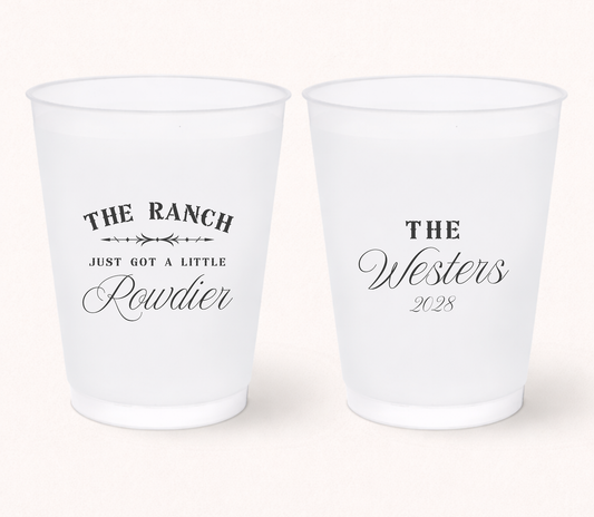 Western wedding frosted cup with ranch rowdier design
Personalized ranch wedding cup with custom family name
Rustic country wedding frosted cup favor
Custom western wedding drinkware keepsake
