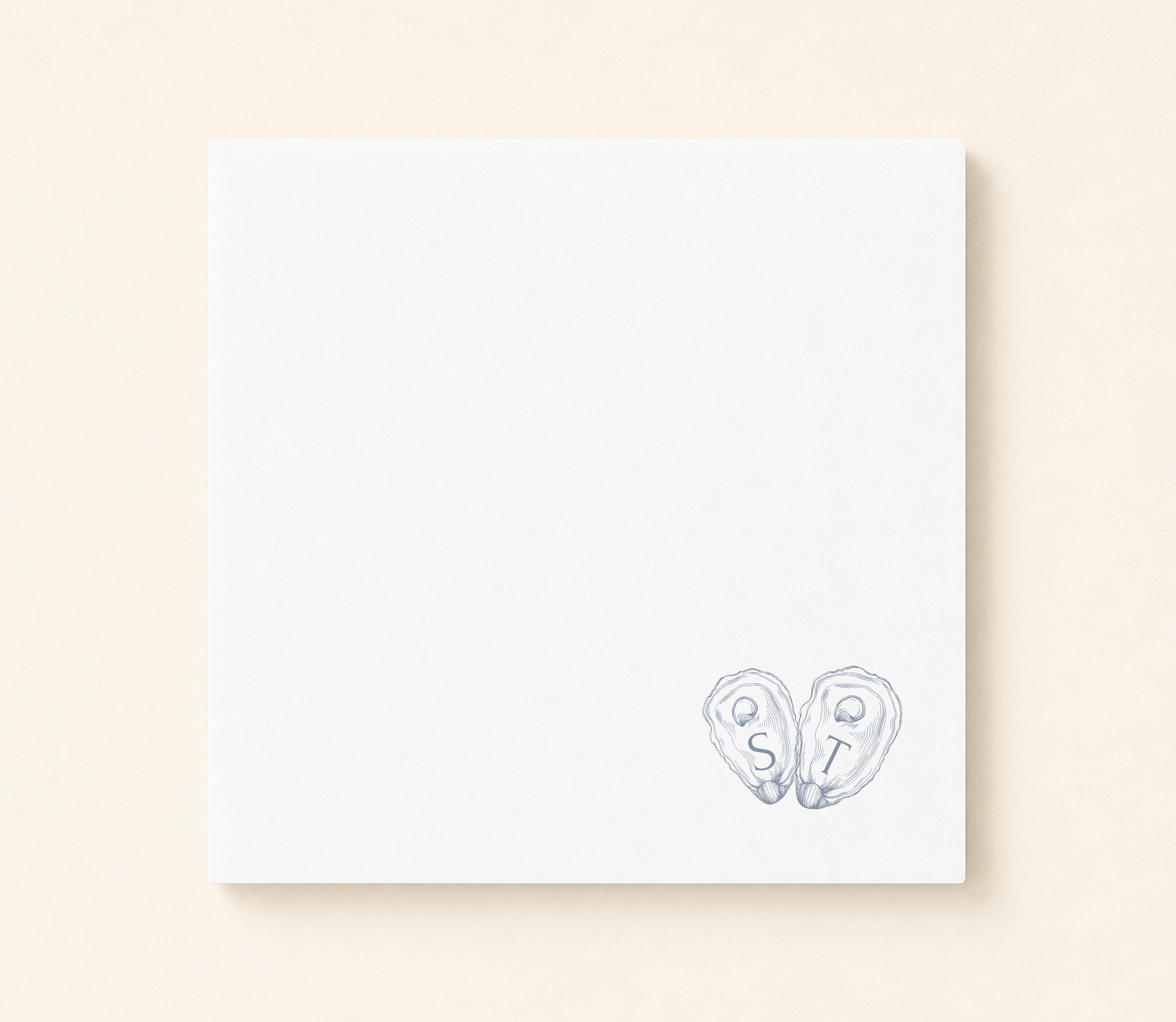 Minimalist oyster shell wedding napkin featuring custom initials inside hand illustrated oyster shells