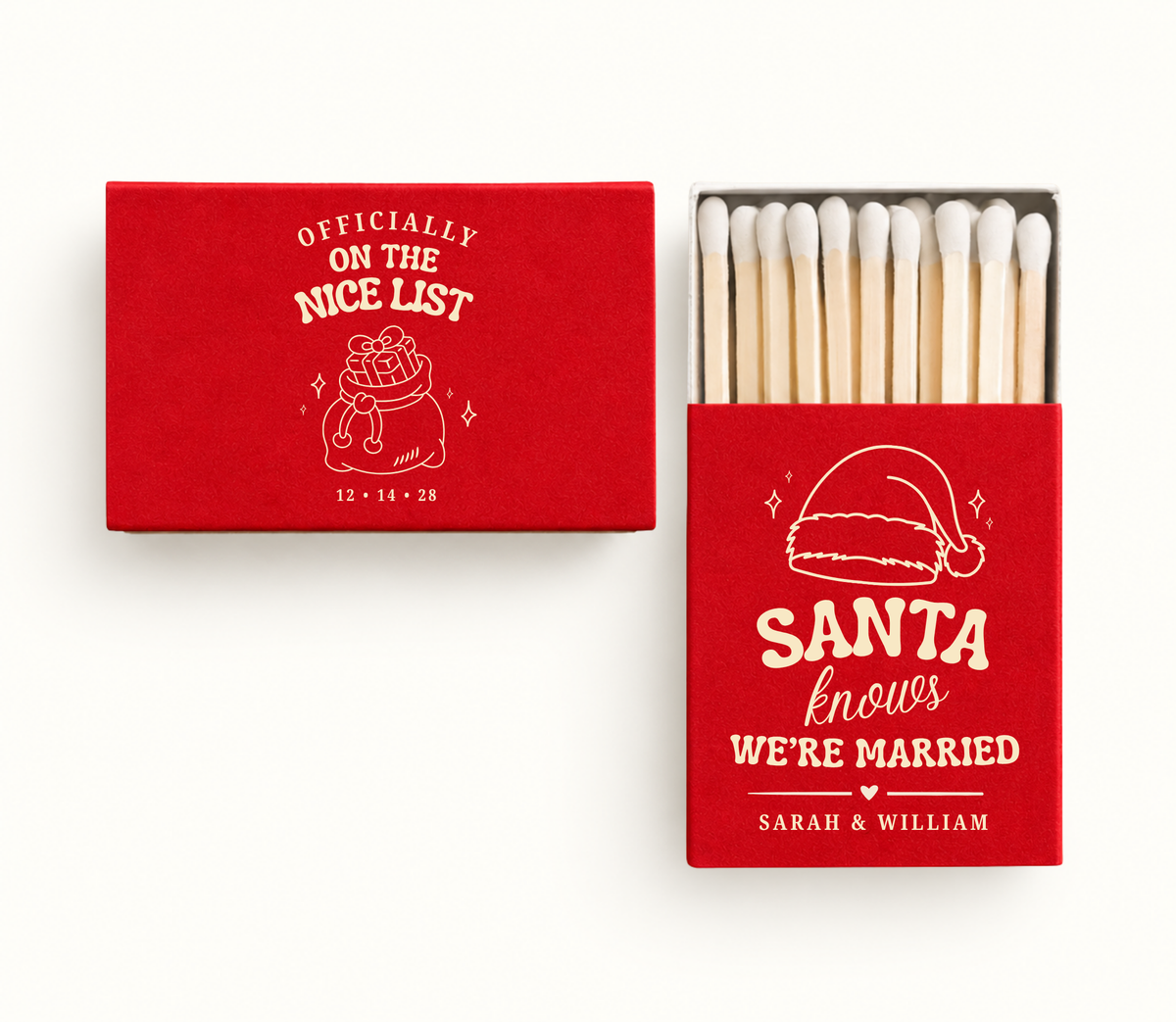 Personalized red Santa Knows Christmas wedding matchboxes featuring Santa hat artwork, Sarah and William names, Christmas stocking illustration, and wedding date.
