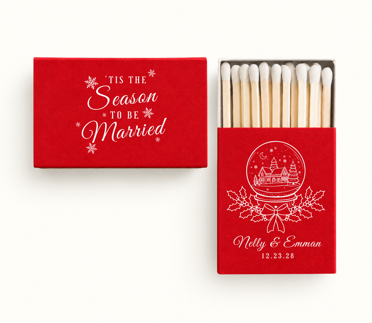 Personalized red 'Tis The Season To Be Married Christmas wedding matchboxes featuring white snow globe artwork, holly details, Nelly and Emman names, and wedding date.