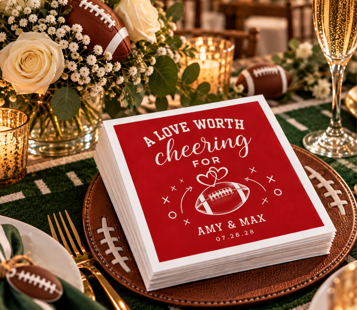 Personalized football wedding reception napkins featuring megaphone artwork, romantic hearts, bold white lettering, and custom couple names.