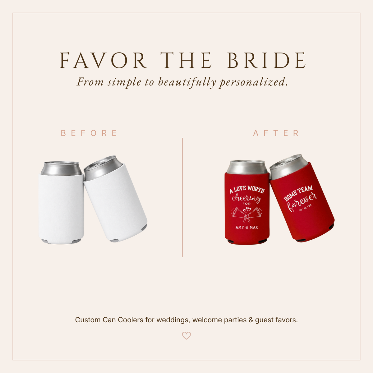 Personalized sports wedding can coolers featuring Home Team Forever wording and custom couple names.
