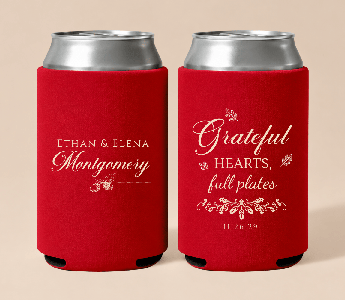 Personalized red Thanksgiving wedding can coolers featuring “Grateful Hearts, Full Plates” wording, custom couple names, wedding date, and botanical accents.