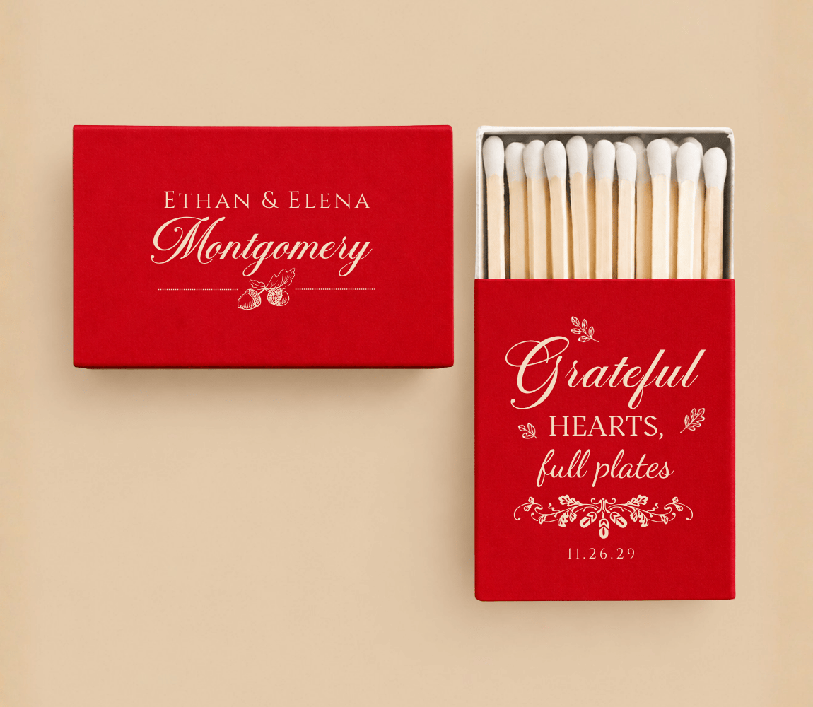 Personalized red Thanksgiving wedding matchboxes with Grateful Hearts Full Plates design