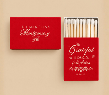 Personalized red Thanksgiving wedding matchboxes with Grateful Hearts Full Plates design