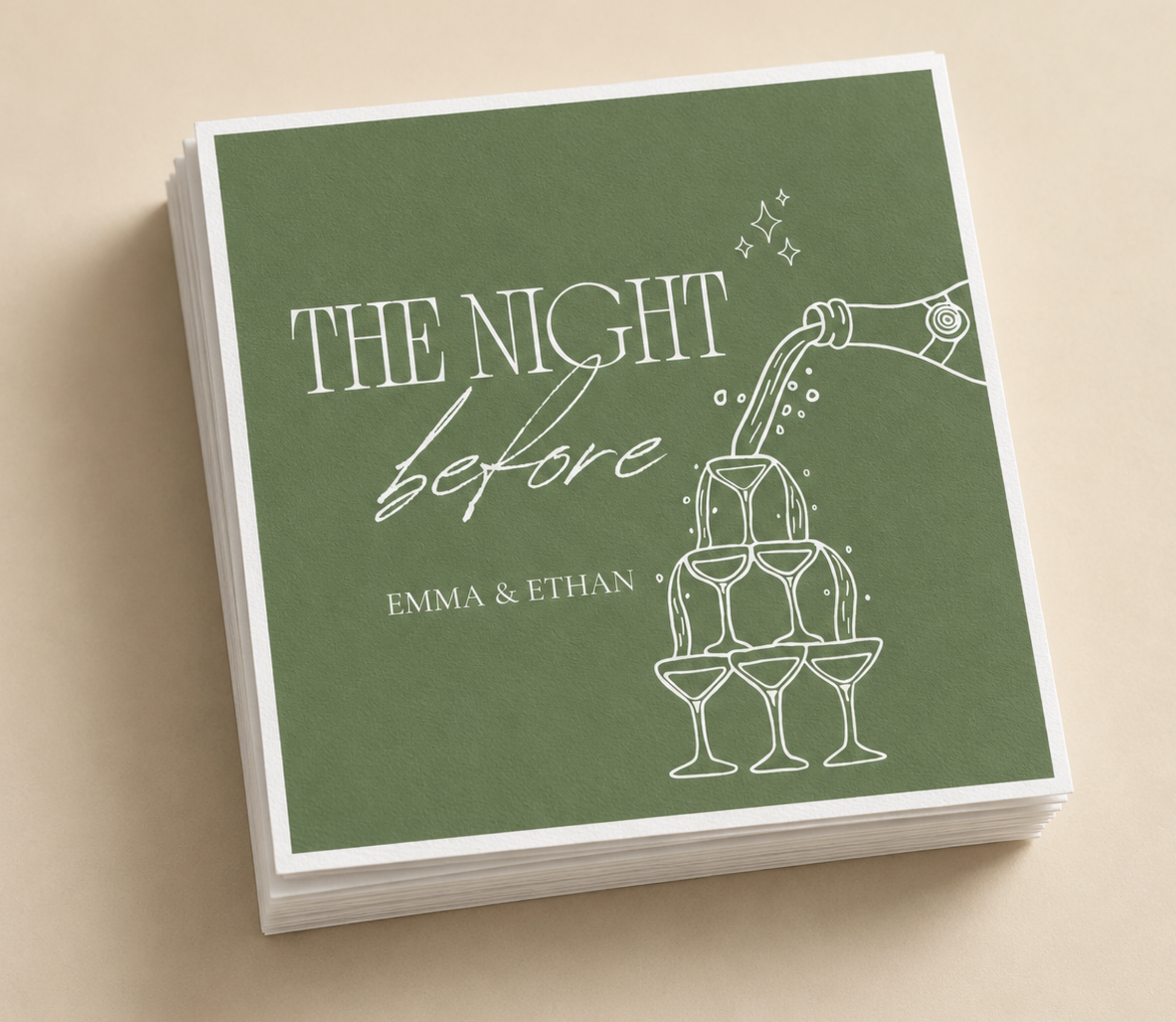 Personalized Night Before wedding napkins with white champagne tower artwork and custom names on sage green napkins