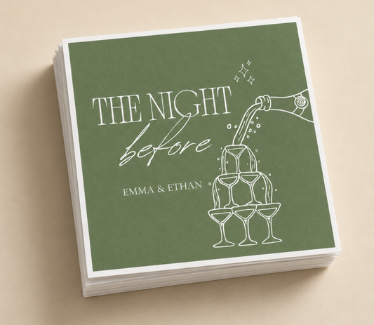Personalized Night Before wedding napkins with white champagne tower artwork and custom names on sage green napkins