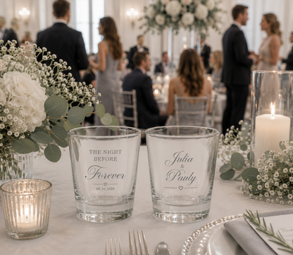 Personalized rehearsal dinner shot glasses with custom couple names wedding date and forever design