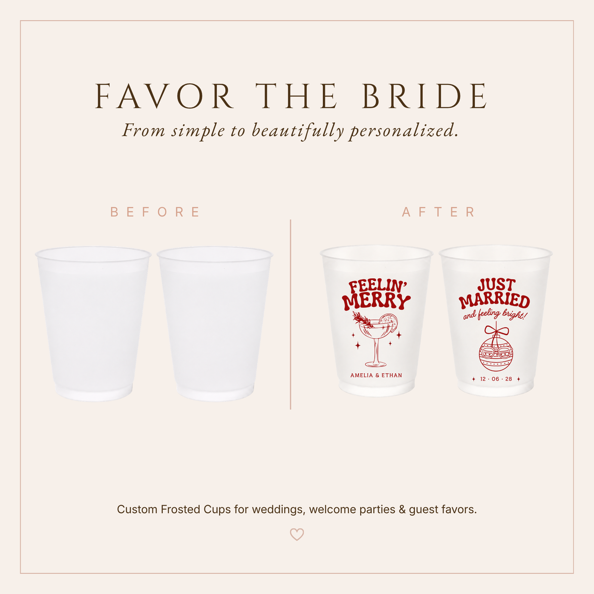 Festive wedding favor cups featuring cocktail, ornament, and wedding date designs.