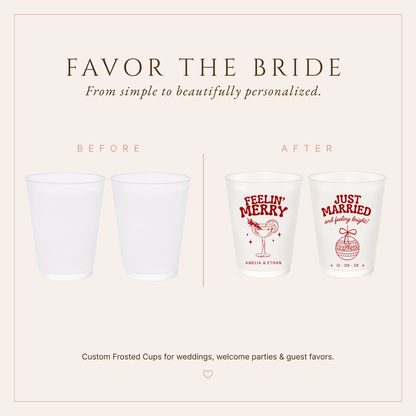 Festive wedding favor cups featuring cocktail, ornament, and wedding date designs.
