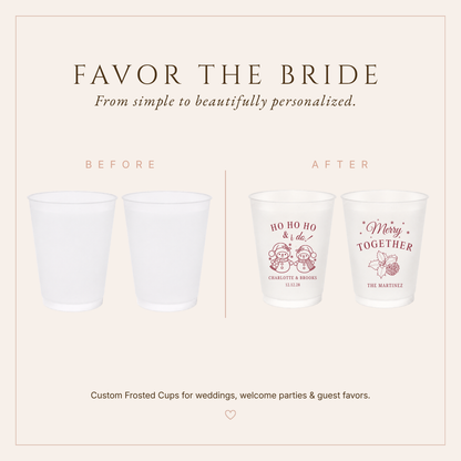 Festive winter wedding favor cups featuring snowman illustration and personalized couple details.