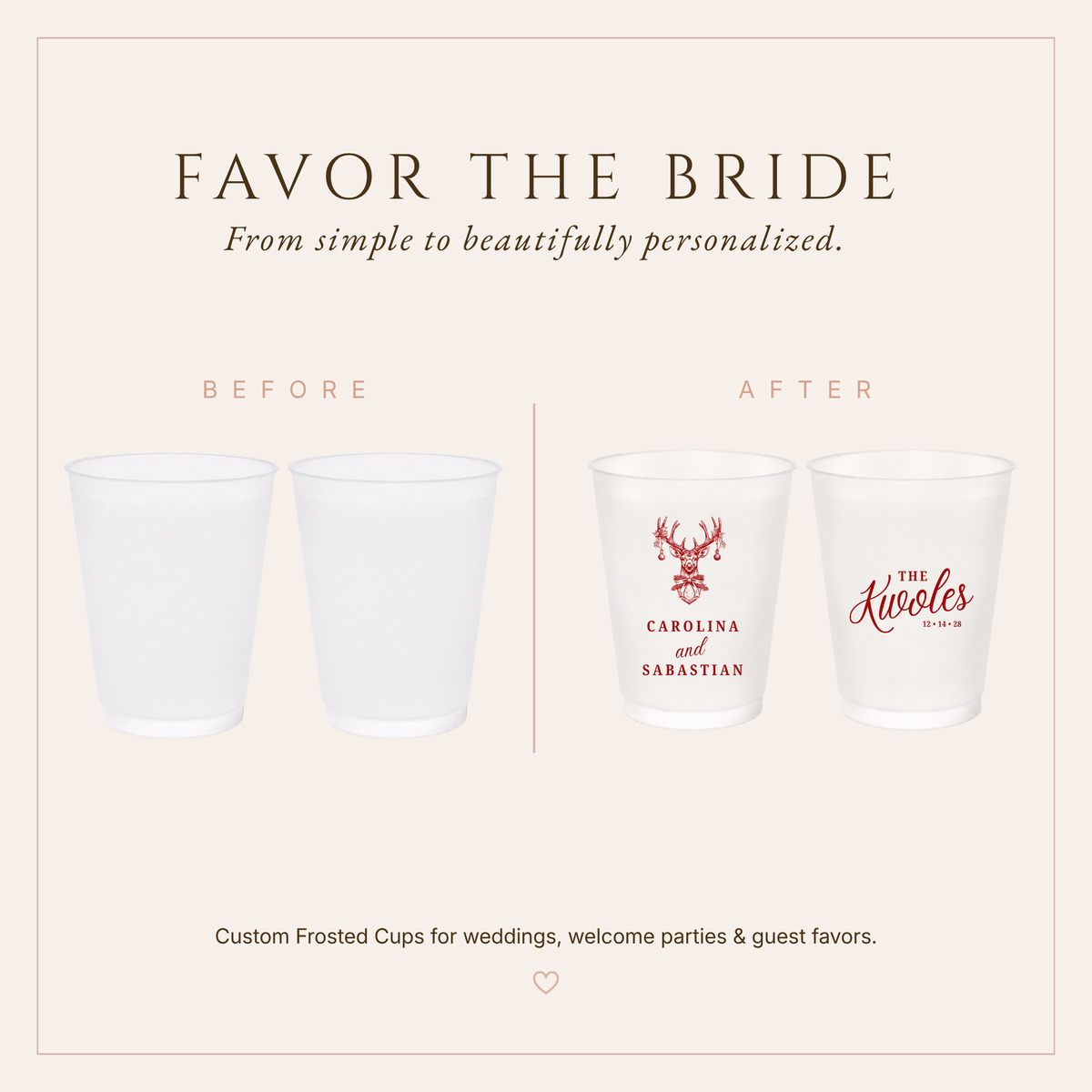 Elegant holiday wedding favor cups featuring reindeer illustration, surname, and wedding date.
