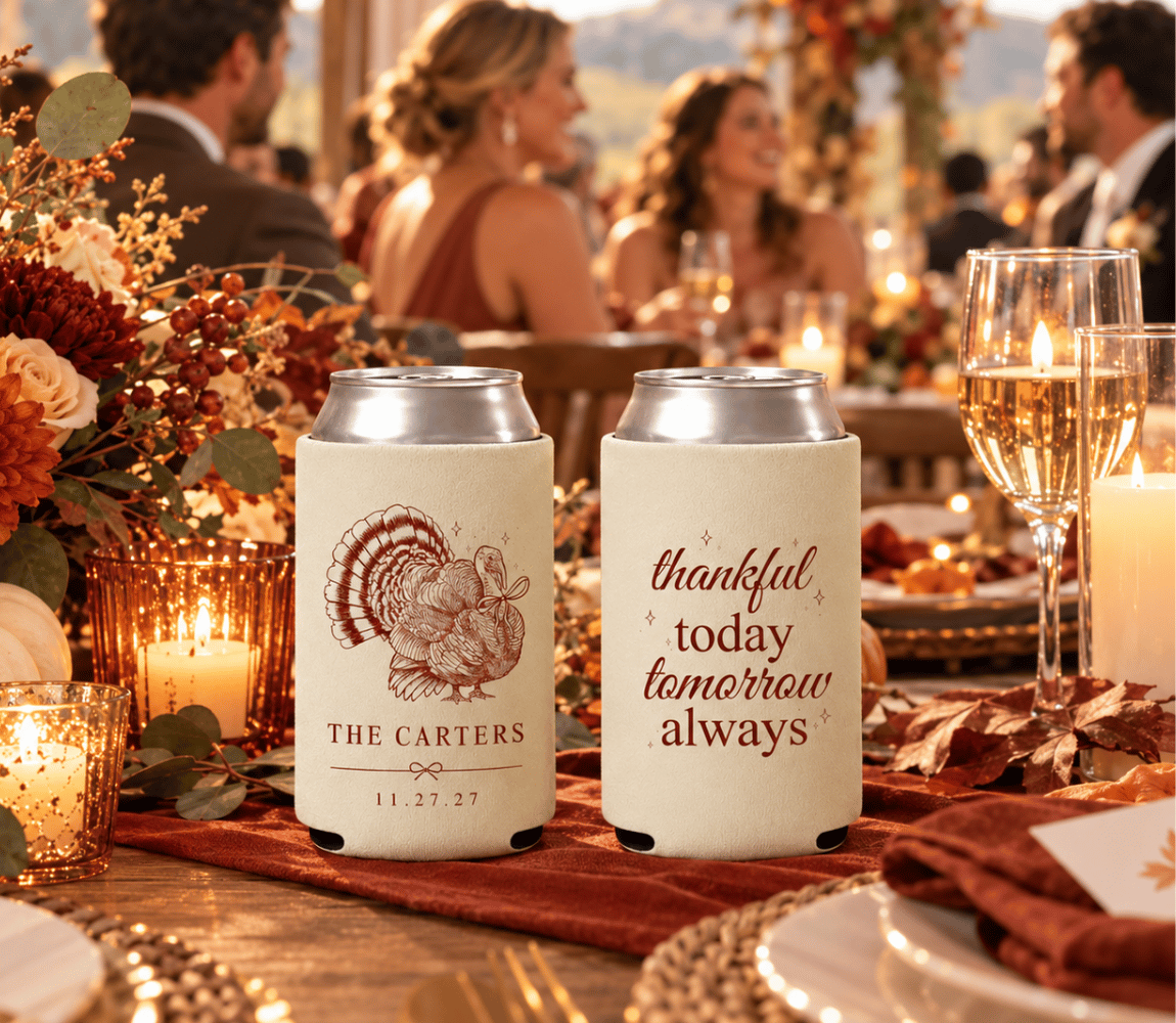 Custom Thanksgiving wedding drink sleeve with turkey artwork, wedding date, and personalized family name.

Personalized fall wedding can coolers featuring Thanksgiving artwork and custom wedding details.