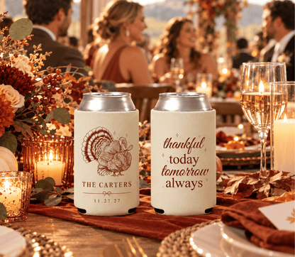 Custom Thanksgiving wedding drink sleeve with turkey artwork, wedding date, and personalized family name.

Personalized fall wedding can coolers featuring Thanksgiving artwork and custom wedding details.