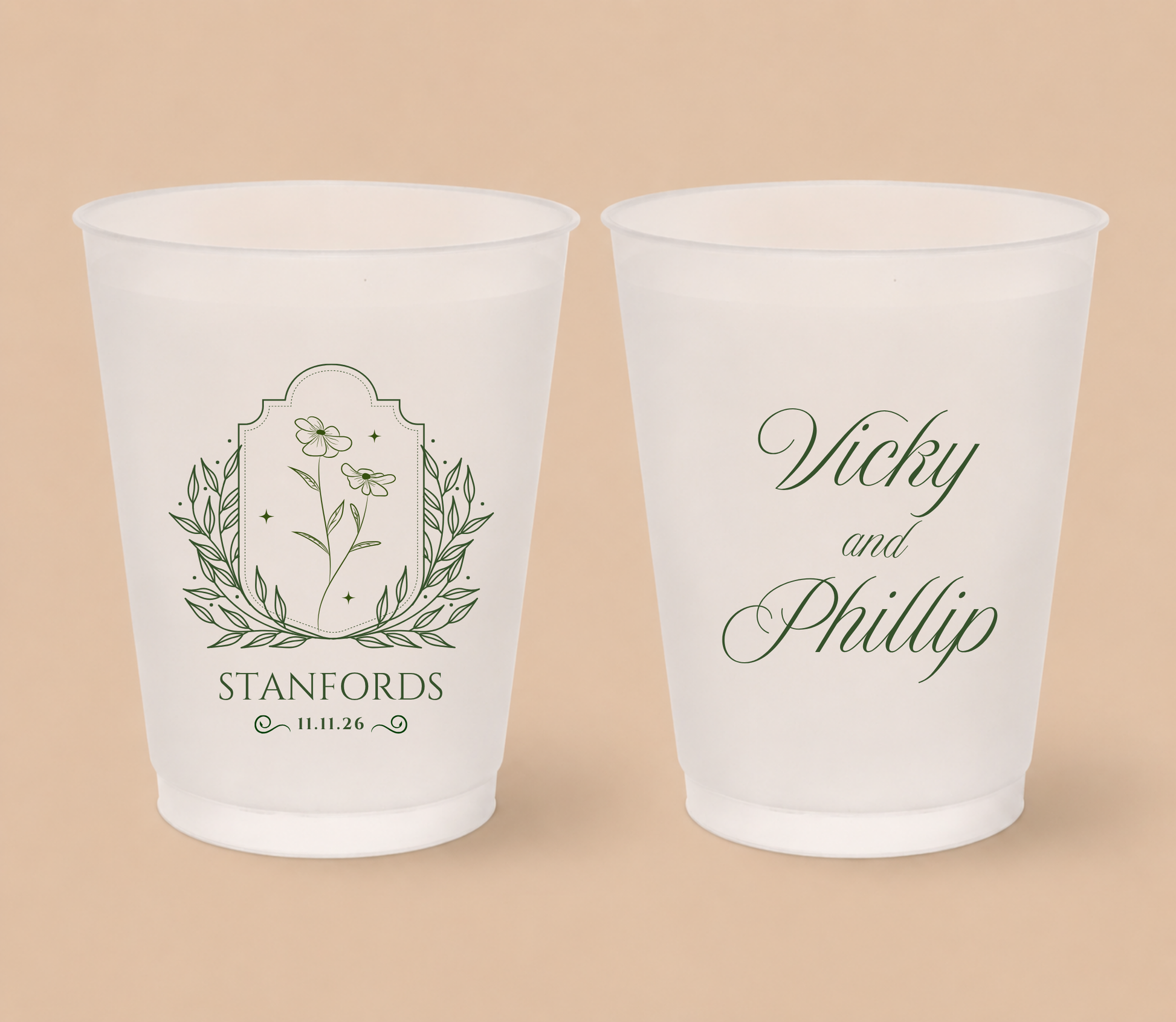 White frosted wedding cups featuring elegant wildflower botanical artwork, custom family surname Stanfords, couple names Vicky and Philip, and wedding date.