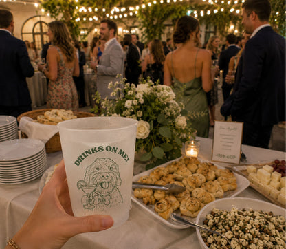 Reusable frosted plastic wedding cup featuring a playful dog illustration and personalized couple details.
Dog lover wedding frosted cup with custom pet artwork and elegant sage green printing. 
Personalized cocktail wedding cup featuring a custom dog portrait, pet name, and wedding personalization.
