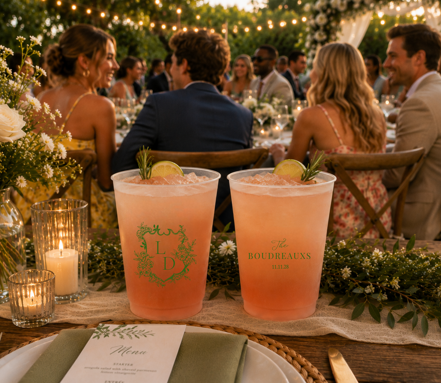 Personalized floral crest frosted wedding cup featuring elegant rose monogram artwork.
