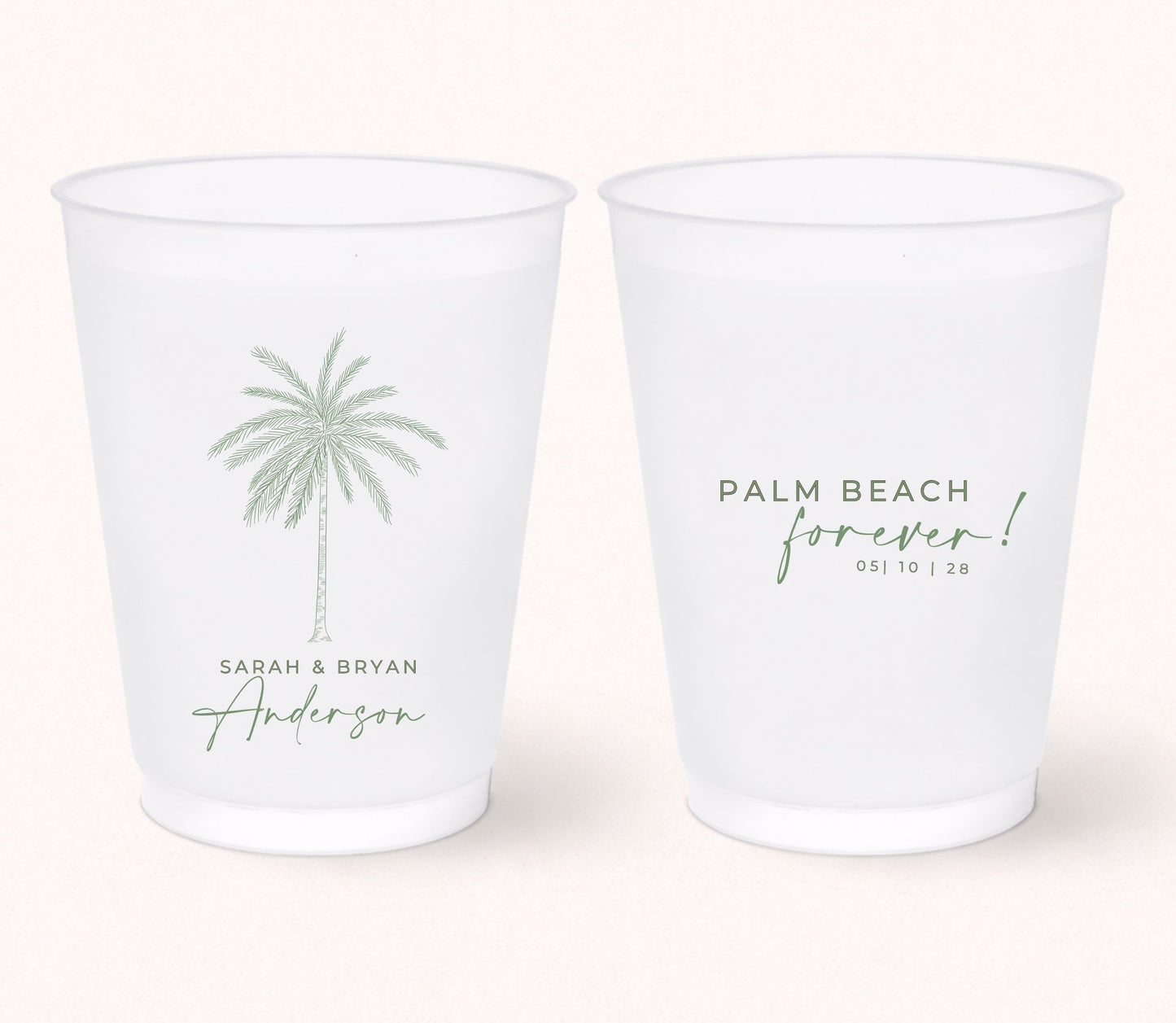 Two personalized frosted wedding cups featuring a minimalist palm tree illustration with Sarah & Bryan Anderson on one side and the phrase "Palm Beach Forever!" with the wedding date 05.10.28 on the reverse.
Personalized Palm Beach wedding cup featuring a minimalist palm tree illustration and custom names.
Reusable frosted wedding cup with tropical palm artwork and personalized destination wedding details.