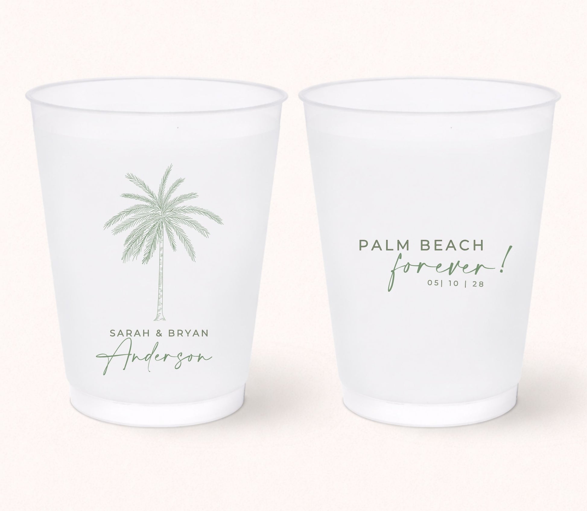 Two personalized frosted wedding cups featuring a minimalist palm tree illustration with Sarah & Bryan Anderson on one side and the phrase "Palm Beach Forever!" with the wedding date 05.10.28 on the reverse.
Personalized Palm Beach wedding cup featuring a minimalist palm tree illustration and custom names.
Reusable frosted wedding cup with tropical palm artwork and personalized destination wedding details.