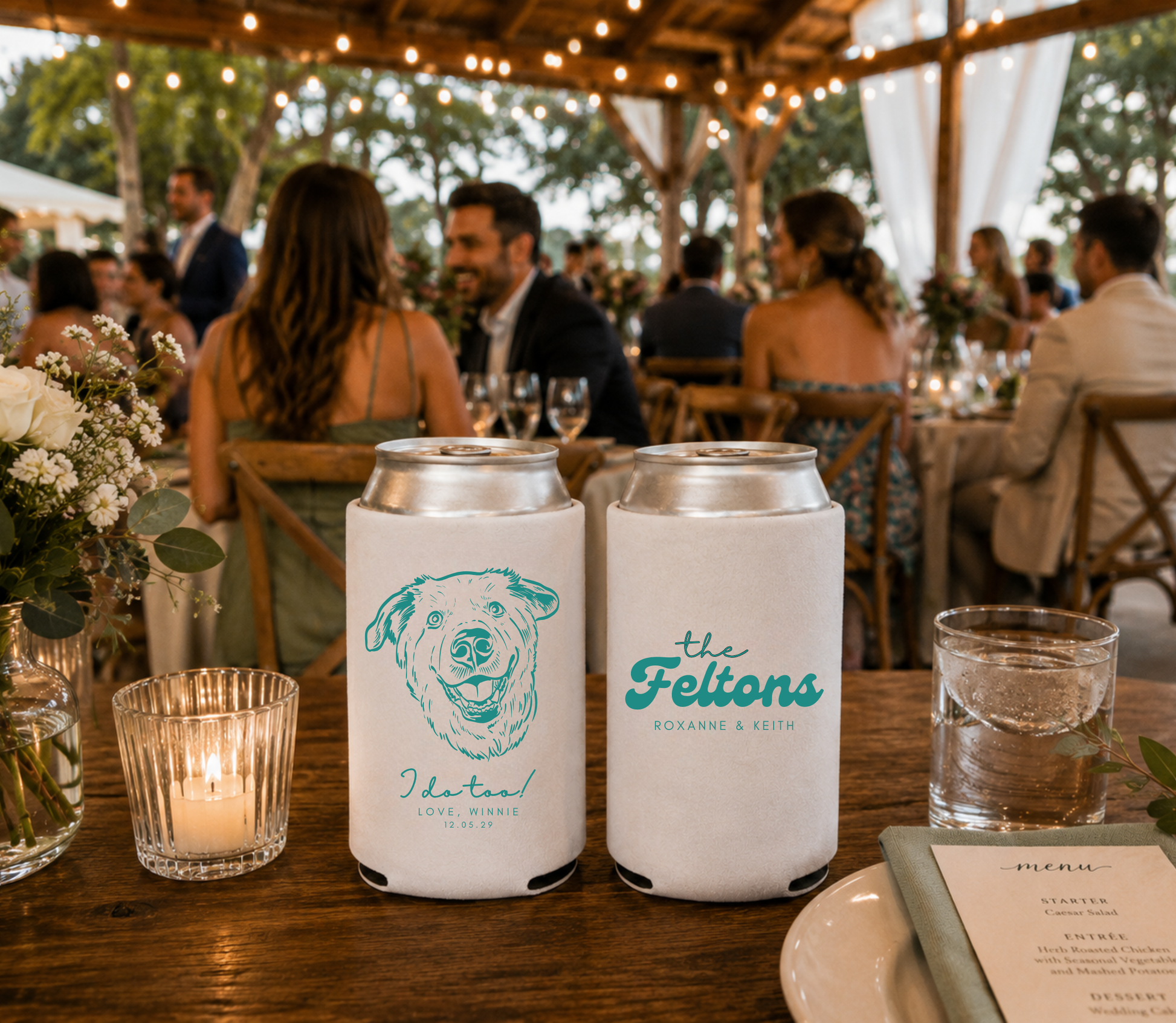 White neoprene wedding can cooler personalized with a pet portrait and wedding details.

Pet friendly wedding favor featuring a custom dog illustration and family surname.